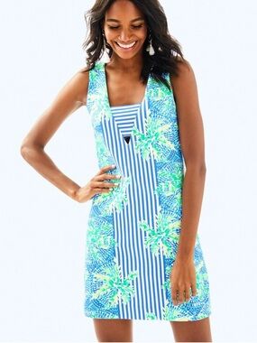 Lilly Pulitzer Blue, White & Lime Palm-Striped Shift Dress size XS